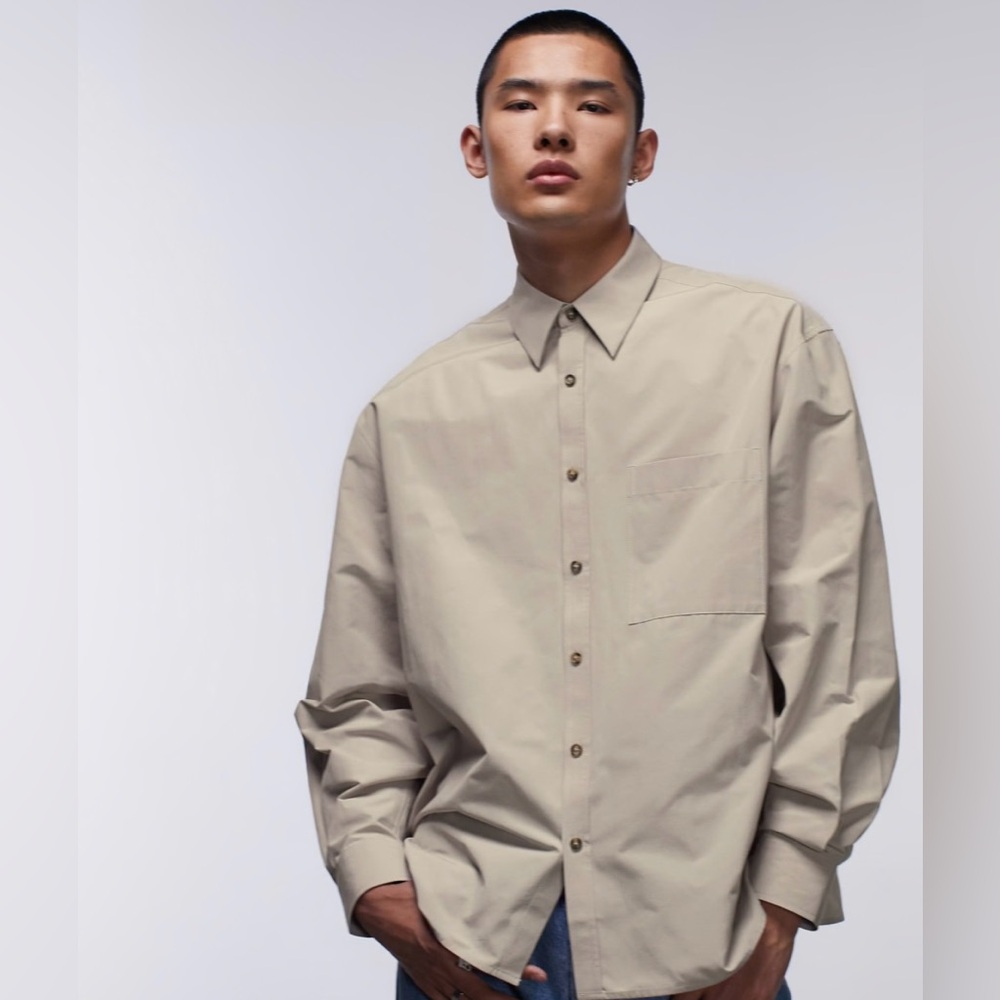 Topman Limited long sleeve oversized fit shirt in beige size L
